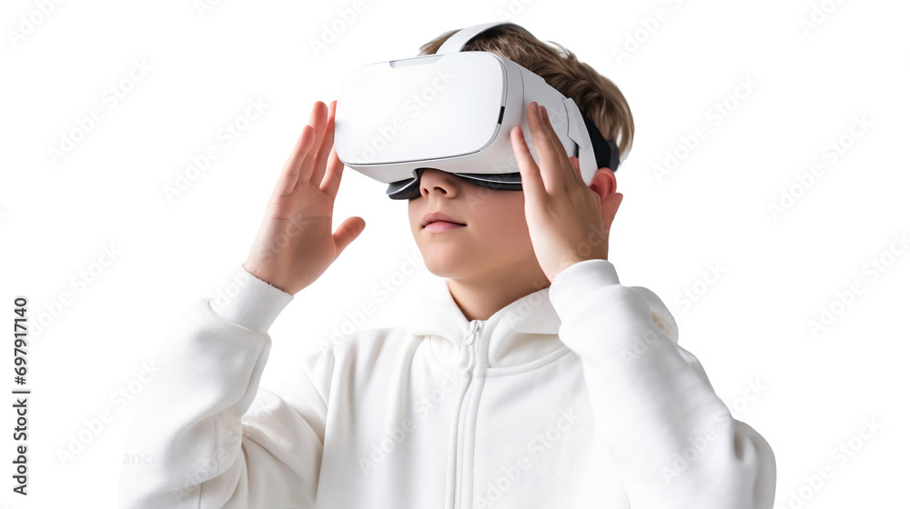 Portrait of a boy using virtual reality headset. Technology concept Isolated on transparent background Portrait of a boy using virtual reality headset. Technology concept Isolated on transparent background