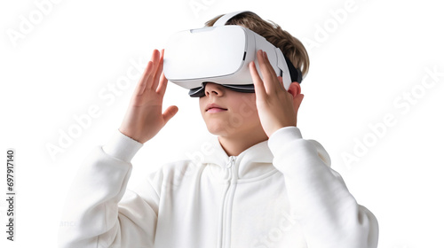 Portrait of a boy using virtual reality headset. Technology concept Isolated on transparent background