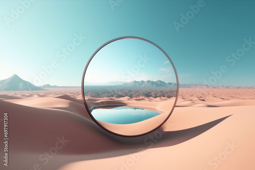 Landscape, graphic resources concept. Abstract and surreal background of glass mirror object placed in sand desert dune. Clear blue sky with copy space. Blank product placement background