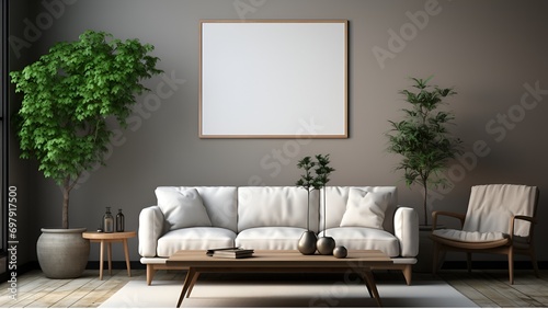 Mockup of a living room with an empty frame  created with AI generative technology