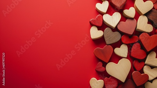 Valentine's day background with wooden hearts on red background. Valentines day greeting card. Top view with copy space. heart for valentines concept.
 photo