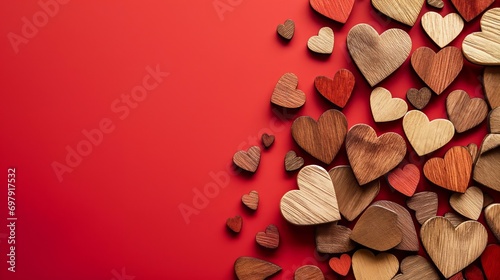 Valentine's day background with wooden hearts on red background. Valentines day greeting card. Top view with copy space. heart for valentines concept.
 photo