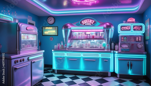 Kitchen from the 1950s with holographic soda jerk, telepathic appliances, jukebox ai generation © Ebad