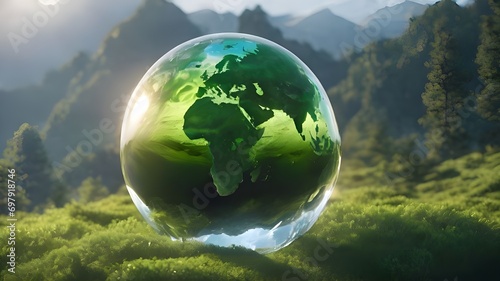 The globe planet Earth with green continents in nature as environmental protection and sustainability concept. Green earth concept glass sphere. World Earth Day and World Environment Day
