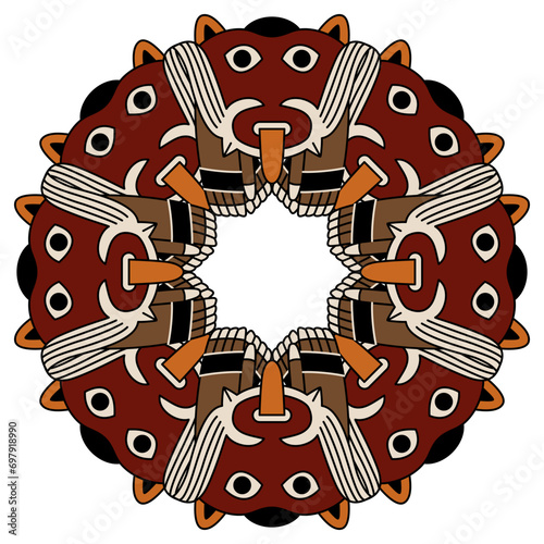 Round ethnic ornament or frame with tribal motifs. Fantastic animals from ancient Peru. Native American Andean art of Nazca Indians. Isolated vector illustration.
