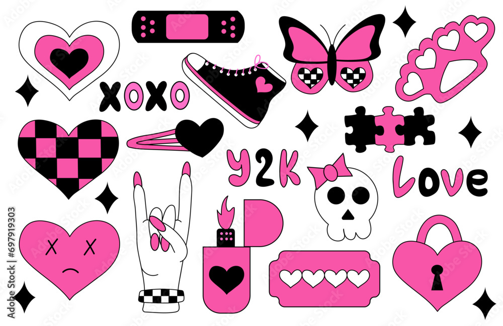 Set of emo elements. Y2k style. Hearts in chessboard, blade, hairpin, brass knuckles, rock sign, sneakers, butterfly, skull, lighter. Black and pink. Vector flat illustration. Set of emo elements. Y2k style. Hearts in chessboard, blade, hairpin, brass knuckles, rock sign, sneakers, butterfly, skull, lighter. Black and pink. Vector flat illustration.
