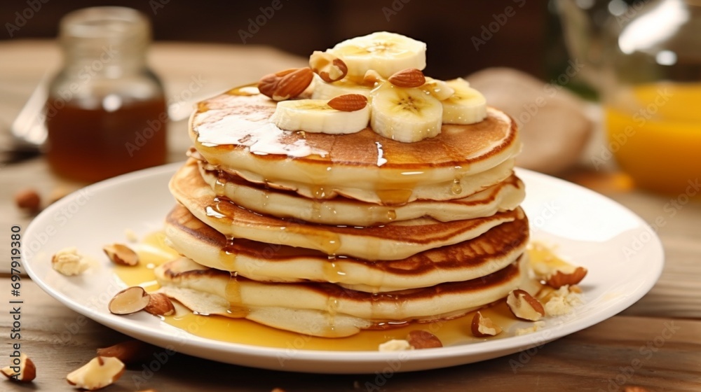 Pancakes traditional with honey, almonds, and banana on a white dish
