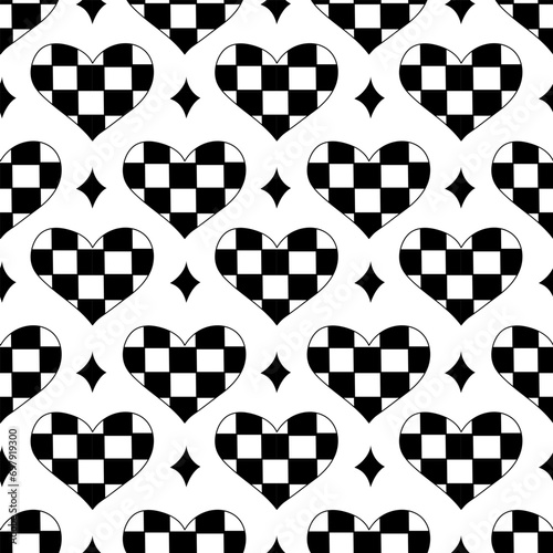 Seamless Pattern with Hearts in chessboard and stars in emo style. Y2k. Black and white. Vector flat illustration.