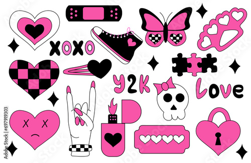 Set of emo elements. Y2k style. Hearts in chessboard, blade, hairpin, brass knuckles, rock sign, sneakers, butterfly, skull, lighter. Black and pink. Vector flat illustration.