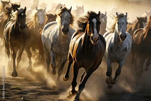 Frenzied herd of untamed horses galloping. Generative AI photo