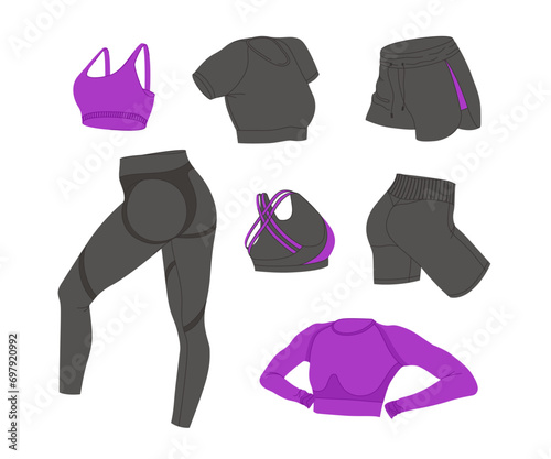 Female fitness clothing vector set. Woman's sports clothes flat design. Isolated illustrations on a white background. Ideal for design sports content, stickers and print.