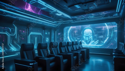 Cyberpunk world: holographic projectors, shape-shifting seats, intergalactic battle sound system ai generation