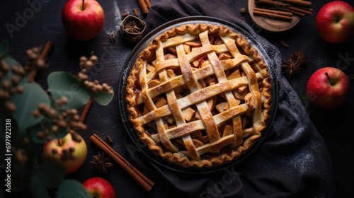 Apple pie on rustic table with ingredients, classic dessert. Home baking and comfort food.