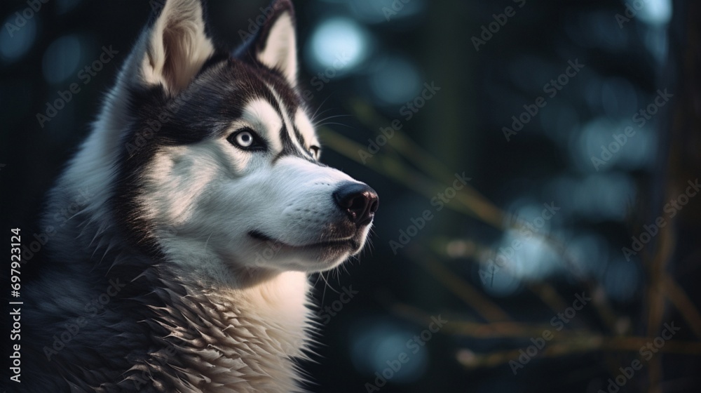 Curious Companion: The Husky's bright eyes sparkle with curiosity as it observes its surroundings. Its keen intellect is evident in its gaze, capturing a moment of thoughtful contemplation