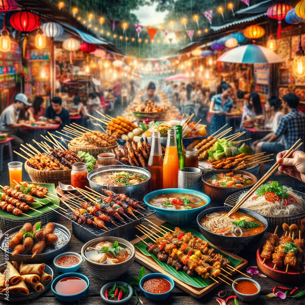  vibrant display of Thai street food, captured in an outdoor setting.
