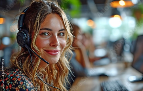 Contact us if you're interested in telemarketing or hilarious jokes or comedies. Call centre personnel smiling and chatting with a coworker. .