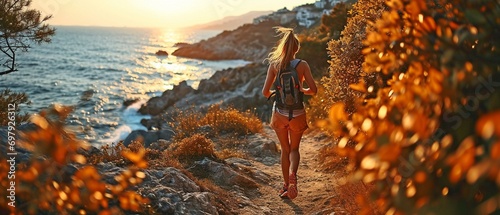 A sporty girl wearing a shirt, shorts and trainers is shown sprinting across a hill and the sea in the background..
