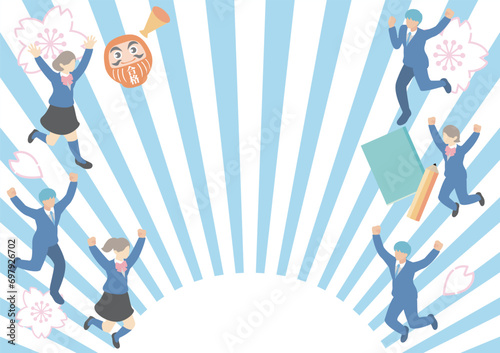 アイソメトリック　フレーム　学生　受験　人物　男性　女性　背景　イラスト素材