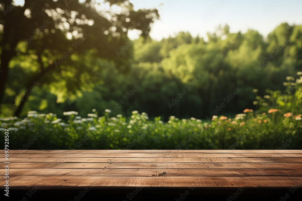 Empty wood table top and blurred garden with bokeh and sunlight. Product and display. Generative ai.
