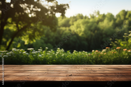 Empty wood table top and blurred garden with bokeh and sunlight. Product and display. Generative ai. © Thodsapol