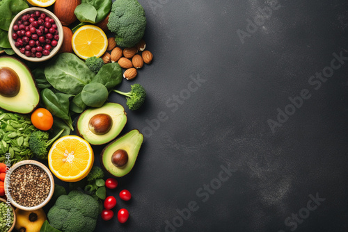 healthy food vegetables and fruit on gray background. Generative ai.