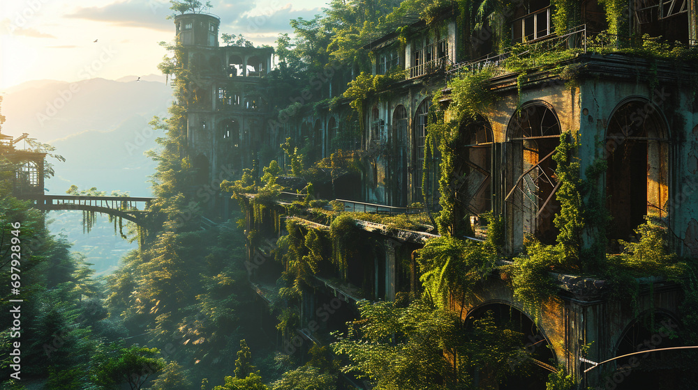 Modern Forest city with a destroyed skyscraper seen from above Modern Forest city with a destroyed skyscraper seen from above