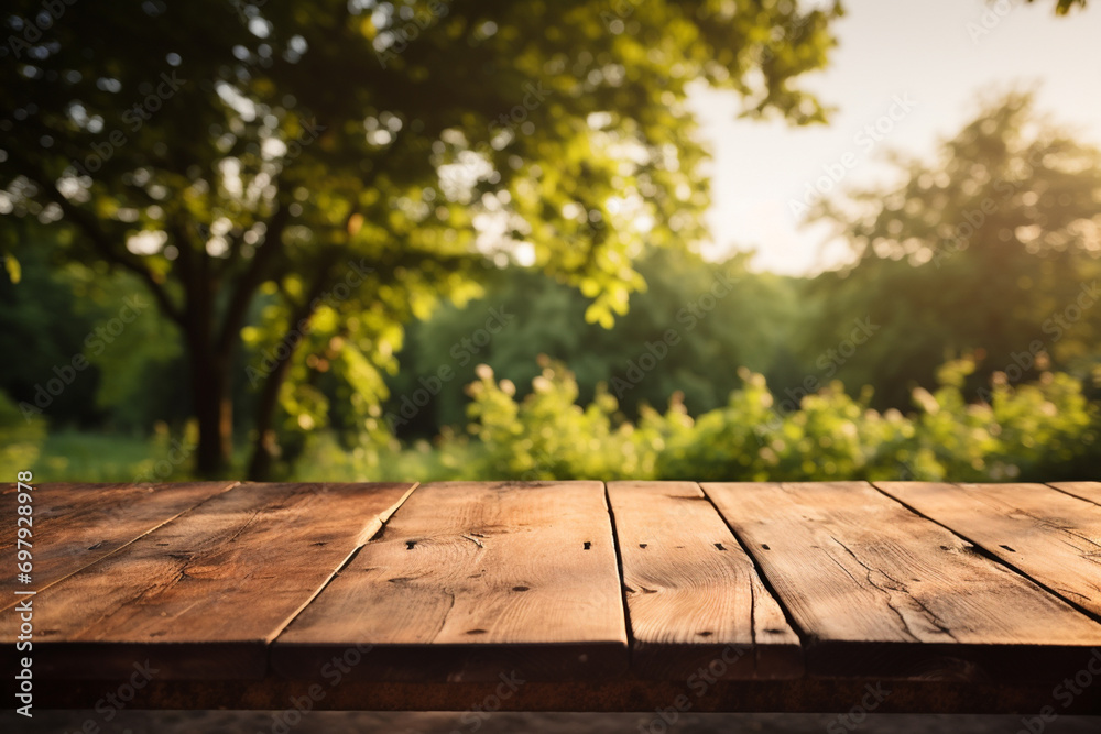 Empty wood table top and blurred garden with bokeh and sunlight. Product and display. Generative ai.