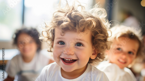A young child with bouncy curls smiles broadly, radiating happiness in a bright room.