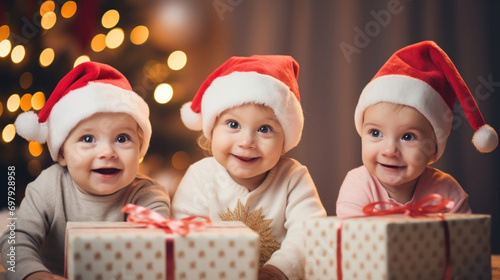 Adorable triplet babies in Santa hats looking excitedly at Christmas presents, holiday backdrop.