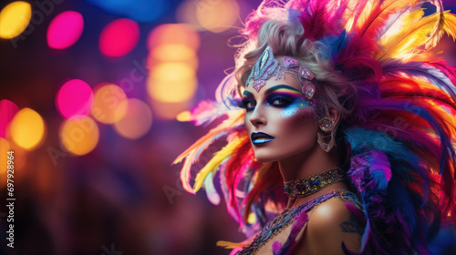 A striking carnival queen poses in a vibrant feather costume with dazzling makeup under festive lights.