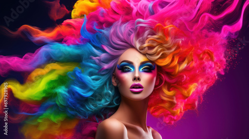 A model with vibrant, colorful smoke effect makeup and a dynamic hair style on a dark background.
