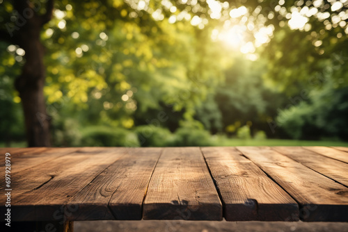 Empty wood table top and blurred garden with bokeh and sunlight. Product and display. Generative ai.