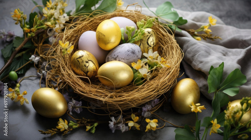 Easter composition with gold-painted eggs in a straw nest among fresh spring flowers and foliage on a textured background.