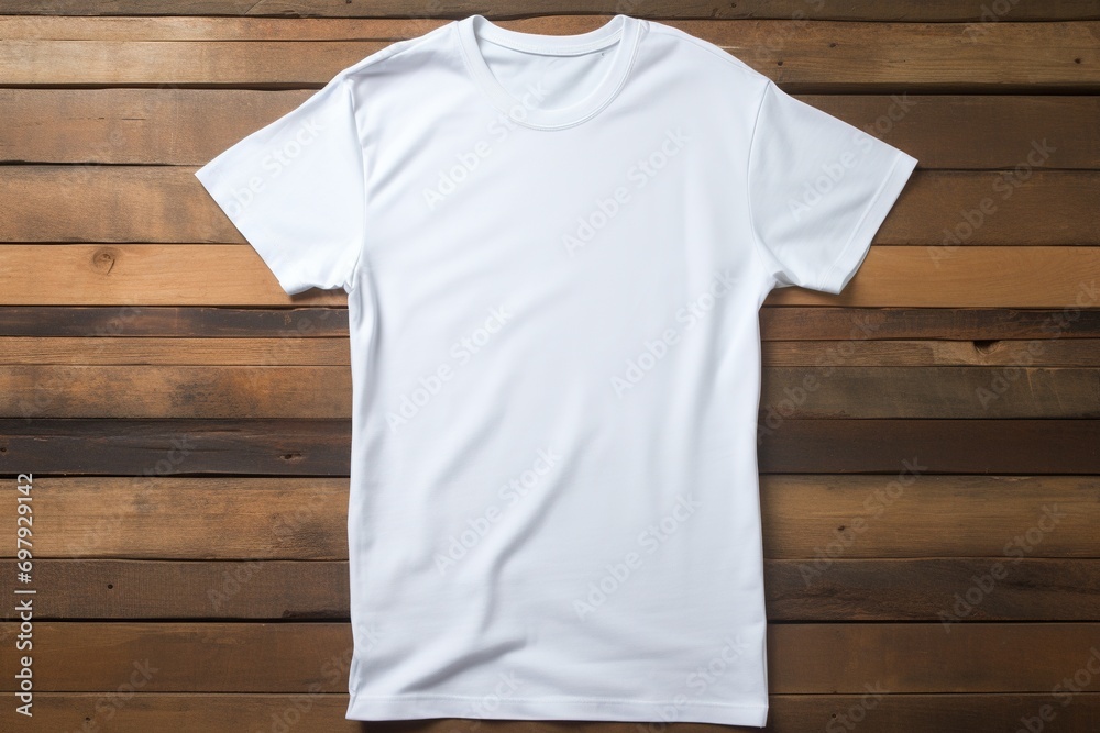 White t-shirt on wooden background, top view. Mockup for design White t-shirt on wooden background, top view. Mockup for design