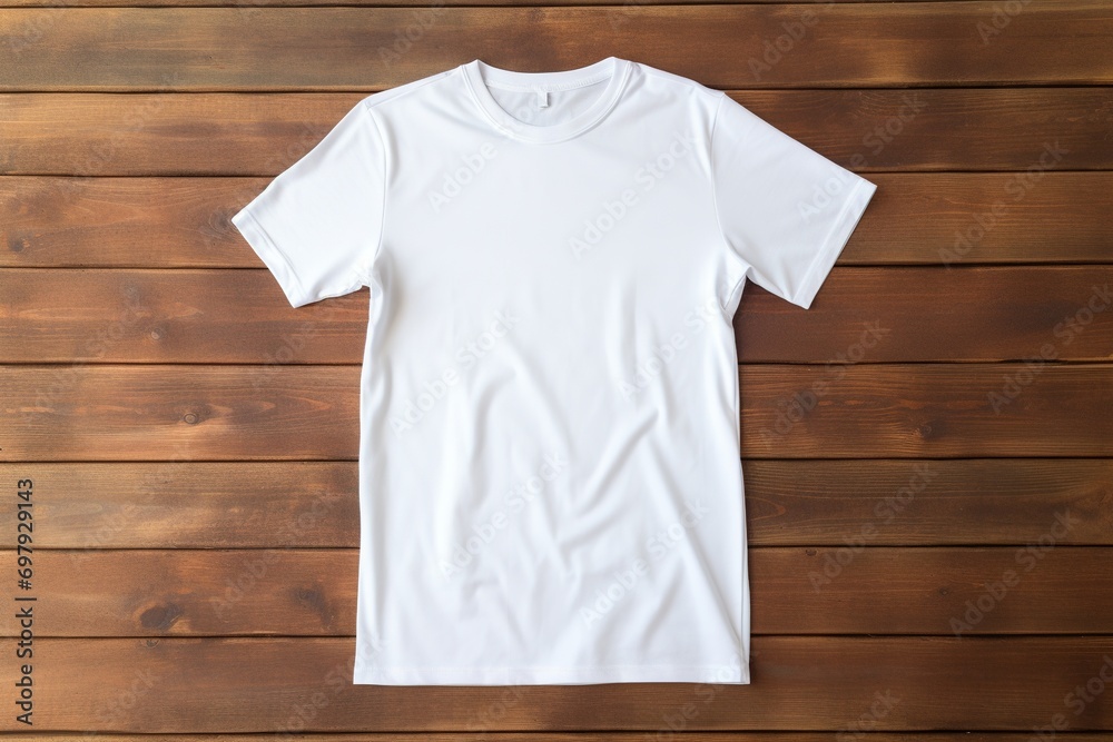 White t-shirt on wooden background, top view. Mockup for design White t-shirt on wooden background, top view. Mockup for design