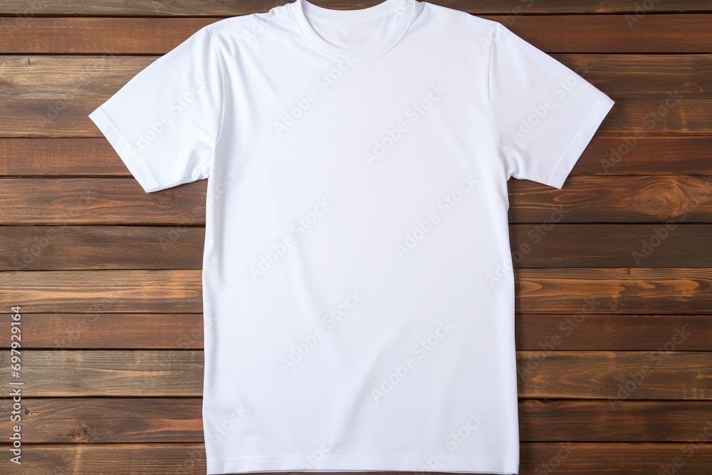 White t-shirt on wooden background, top view. Mockup for design White t-shirt on wooden background, top view. Mockup for design