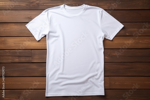 White t-shirt on wooden background, top view. Mockup for design photo