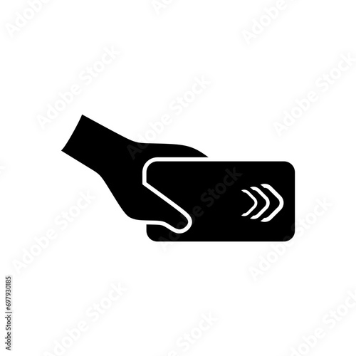 Hand holding NFC Card in black fill icon. Vector illustration from online payment icons collection. Editable graphic resources for many purposes.