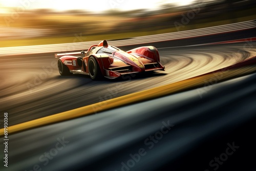 Race car zooming on the track, maneuvering around the bend. Generative AI photo