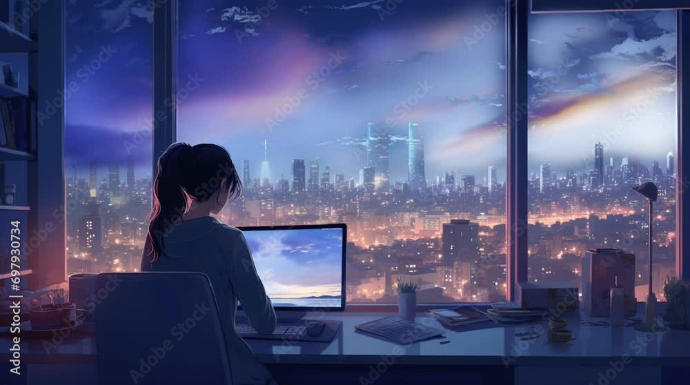 a woman sitting in front of laptop inside her room apartment looking trough windows with sky and cityscape building background anime style loop animation