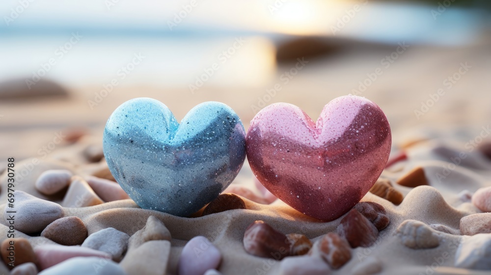 Obraz premium two small pink and blue hearts with sand