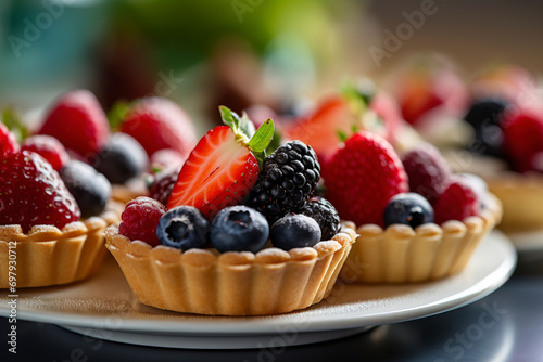 French fruit tarts are served on a plate.  Generative AI 
