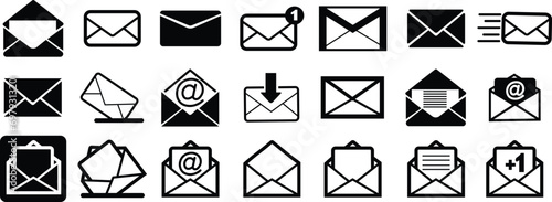 Mails icons Set. Email, post, letter, envelopes isolated on transparent background. Vectors in black flat designs, adapted e-mail icons for web sites and mobile apps. Open envelope, message pictogram.