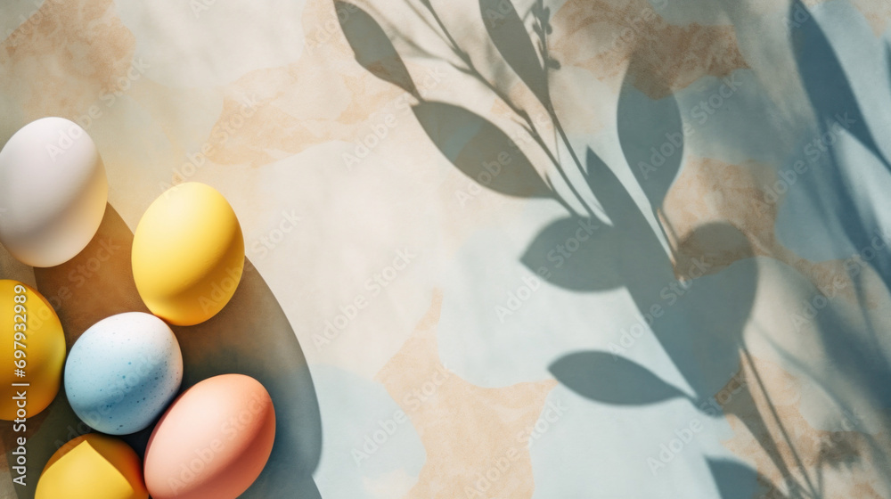 Colorful Easter eggs under the soft shadows of plants, creating an engaging and artistic holiday composition. Colorful Easter eggs under the soft shadows of plants, creating an engaging and artistic holiday composition.