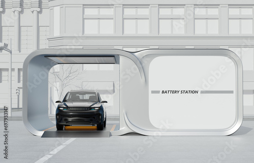 Front view of Electric SUV swapping battery pack in the Battery Swap Station. Generic design. 3D rendering image.