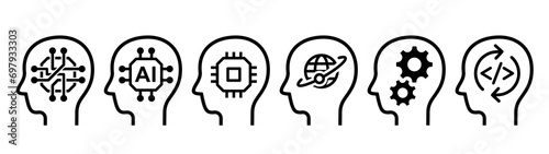 Artificial intelligence outline monochrome icon set. Human heads with computer chip, gears, programming code, etc.