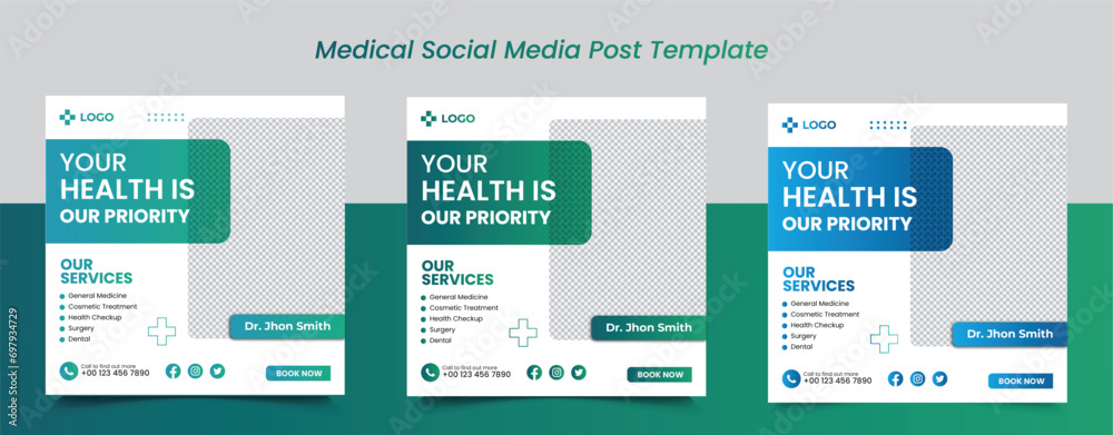 medical healthcare services suitable for social media post design, for hospital clinic doctor and dentist marketing ads banner template - obrazy, fototapety, plakaty 