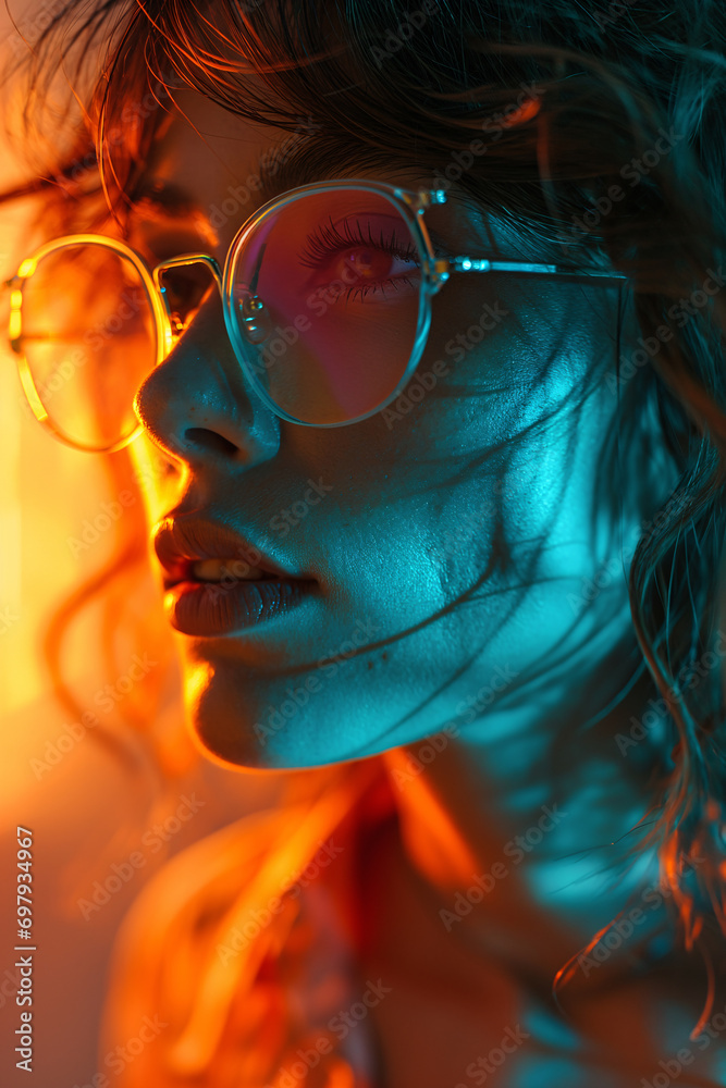 A radiant woman with spectacles, her face framed by the glowing sun, exudes intelligence and grace A radiant woman with spectacles, her face framed by the glowing sun, exudes intelligence and grace