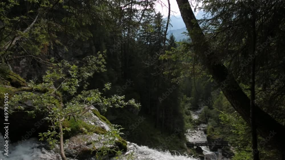 Tilt on Waterfall of Vallesinella and landscape, Madonna di Campiglio, Trentino Alto Adige, Italy