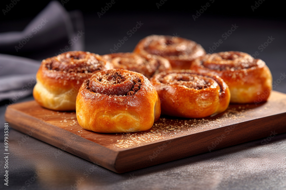 Zurich-style cinnamon buns are served on a wooden board. (Generative AI)